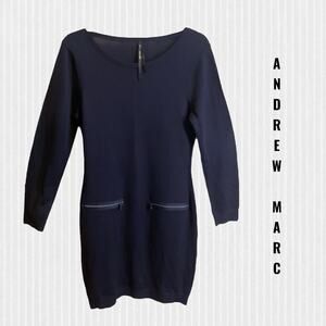 Andrew Marc New York Sweater Dress Women's SZ M Black Long Sleeved Zip Pockets
